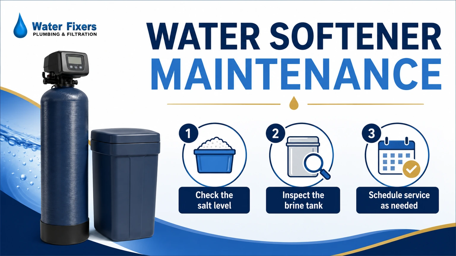 Water softener maintenance guide showing salt-level checks, brine-tank inspection, and service as needed.