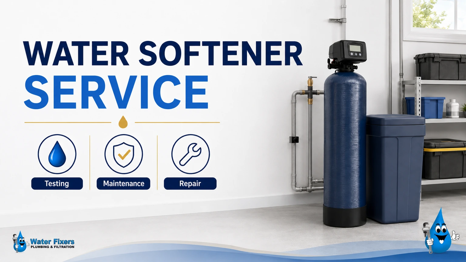 Water Fixers guide showing water softener testing, maintenance and repair services