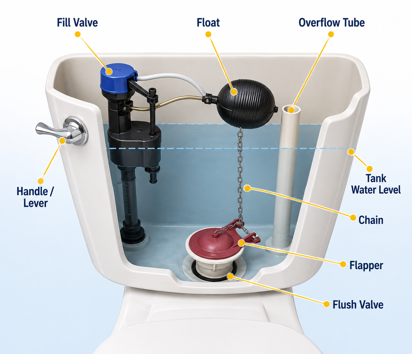 Diagram of toilet tank parts including the fill valve, float, flapper, flush valve, overflow tube, chain and handle