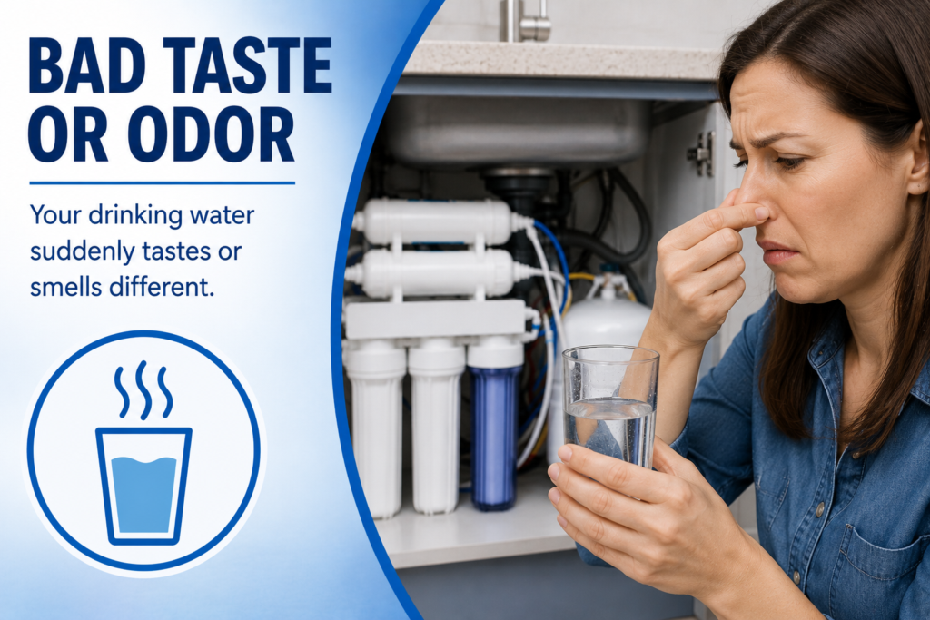 Bad taste or odor warning: homeowner reacting to a glass of drinking water beside an under-sink reverse osmosis system