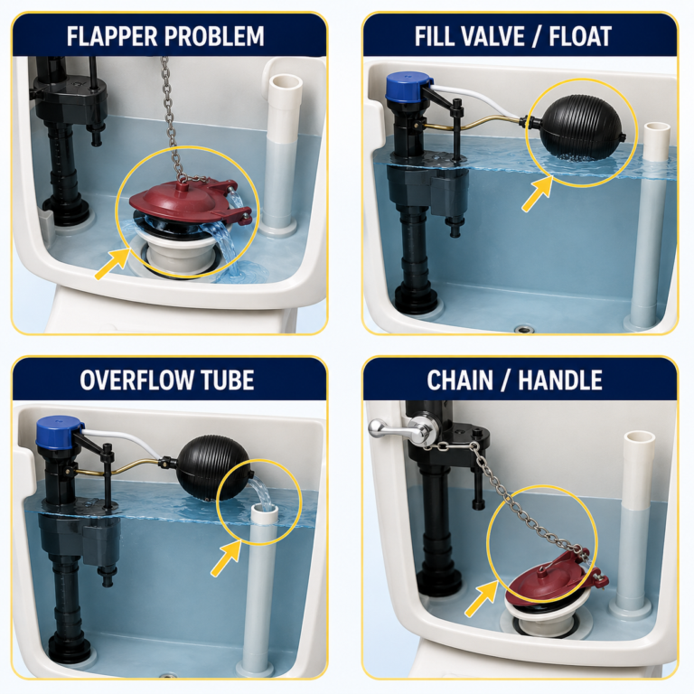 Diagram showing four common running toilet problems including a leaking flapper, fill valve or float problem, overflow tube flow and chain or handle problem