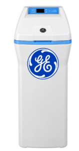 White GE cabinet-style water softener