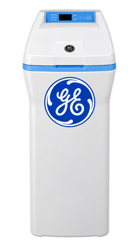 White GE cabinet-style water softener