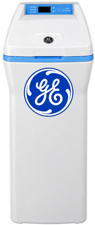 White GE cabinet-style water softener