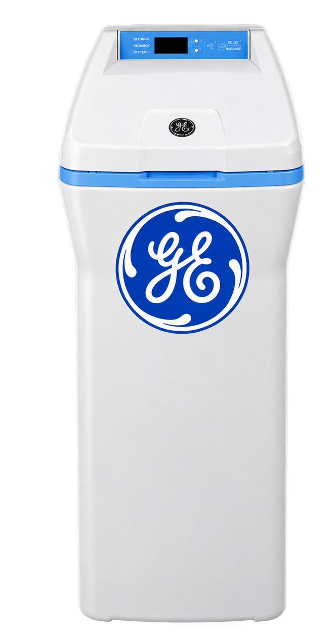 White GE cabinet-style water softener