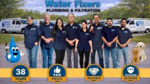 Water Fixers team standing in front of branded plumbing and filtration vans