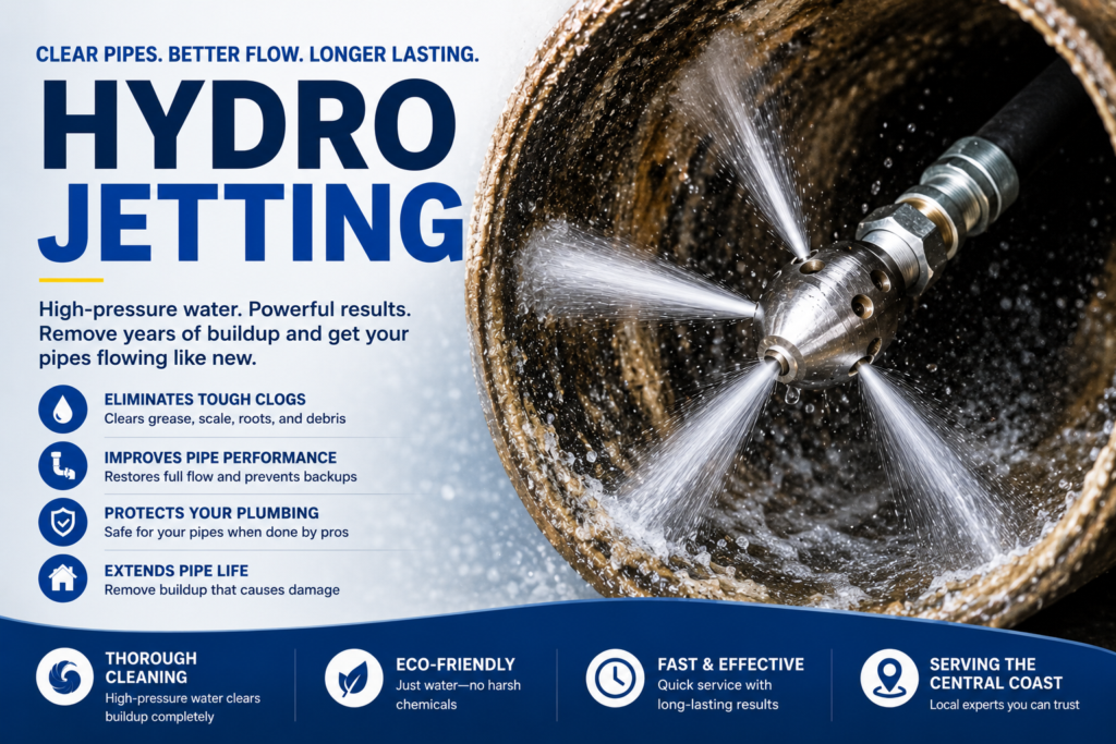 Hydro jetting graphic: nozzle spraying high-pressure water inside a drain pipe, with service benefits listed
