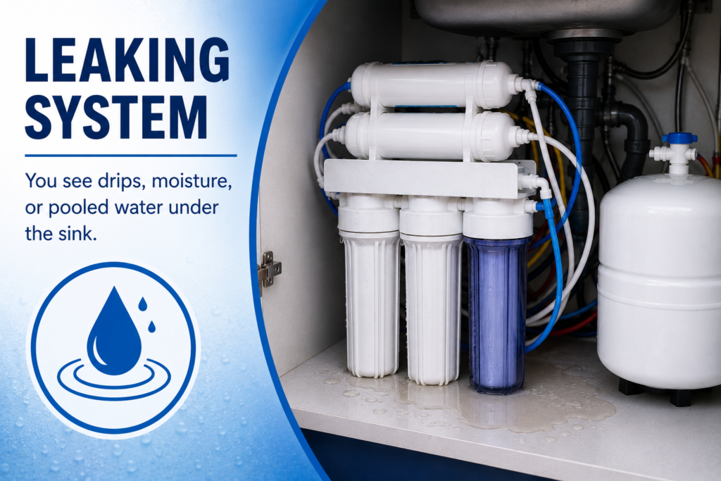 Leaking reverse osmosis system under a kitchen sink with wet filter housings and tubing