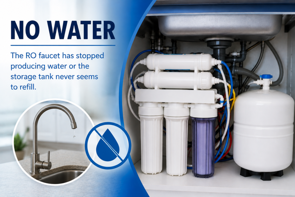 No water warning: reverse osmosis faucet that has stopped producing water, with the under-sink system shown