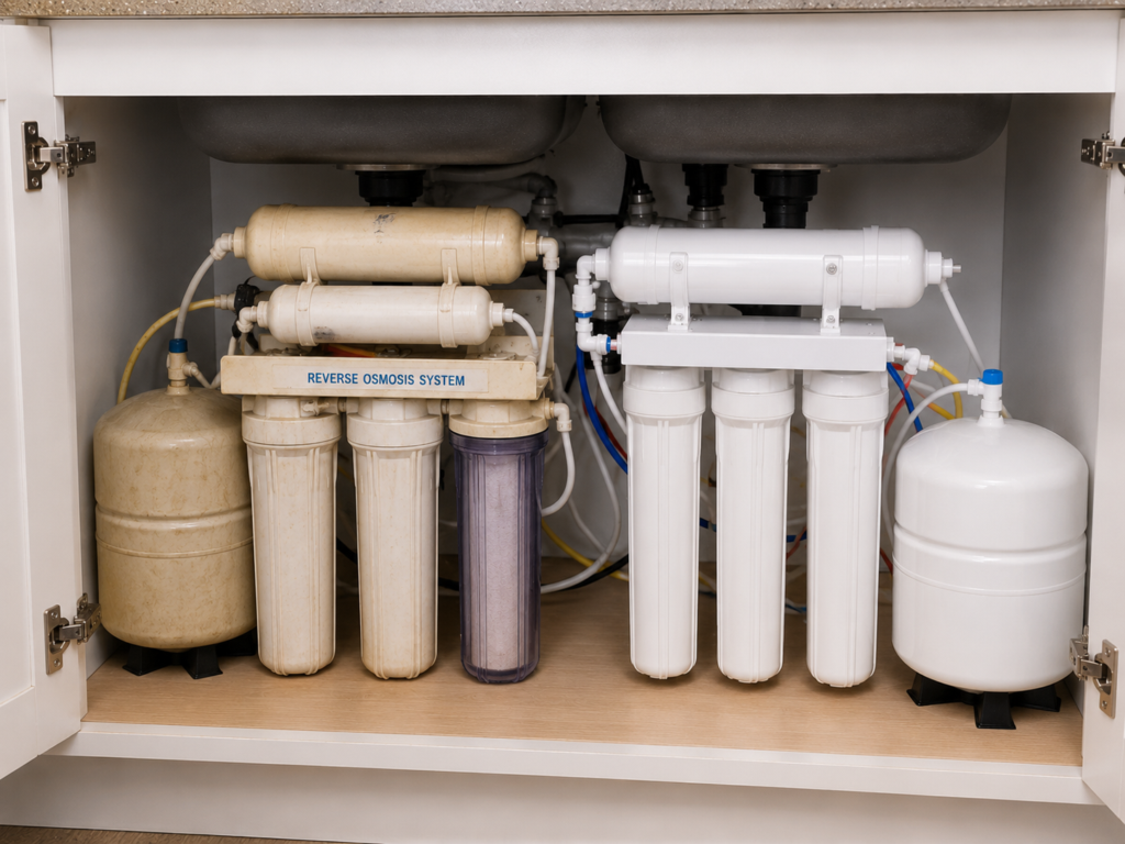 Old yellowed reverse osmosis system next to a new white replacement system under a sink