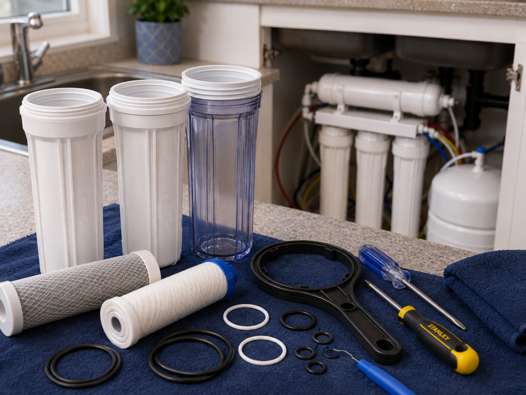 Reverse osmosis filter housings, cartridges, O-rings, wrench, and service tools laid out on a towel