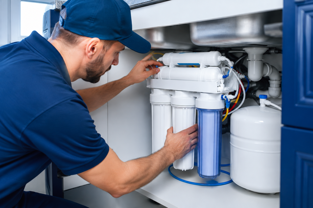 Technician installing an under-sink reverse osmosis system