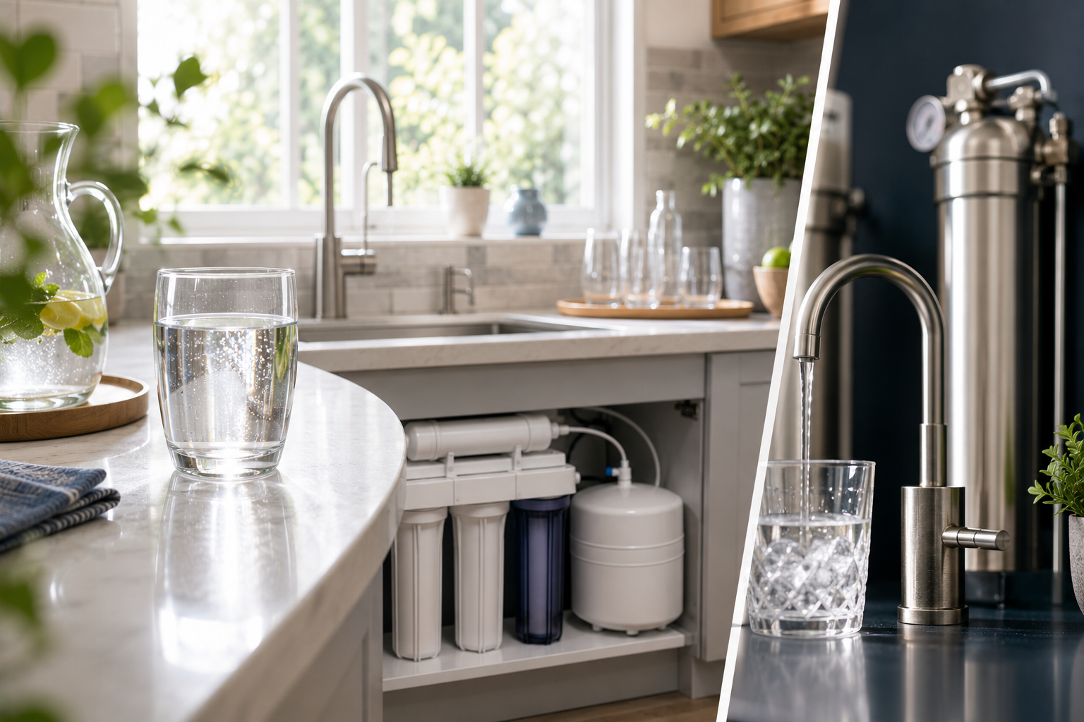 Under-sink reverse osmosis system shown as a point-of-use drinking-water alternative to whole-house treatment