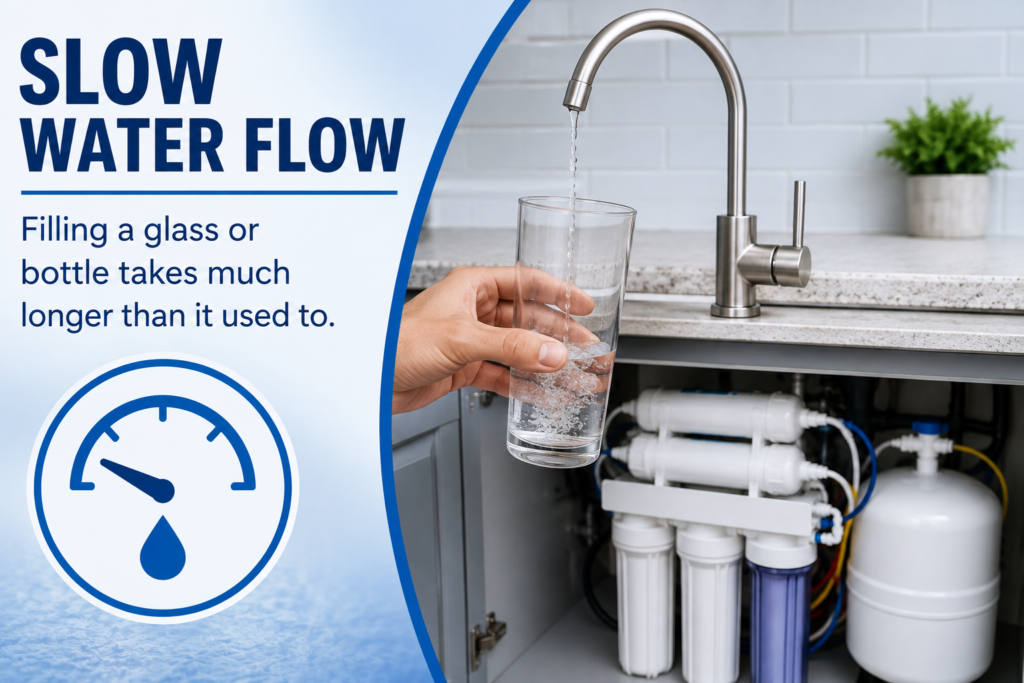 Slow water flow warning: glass filling slowly at a reverse osmosis faucet