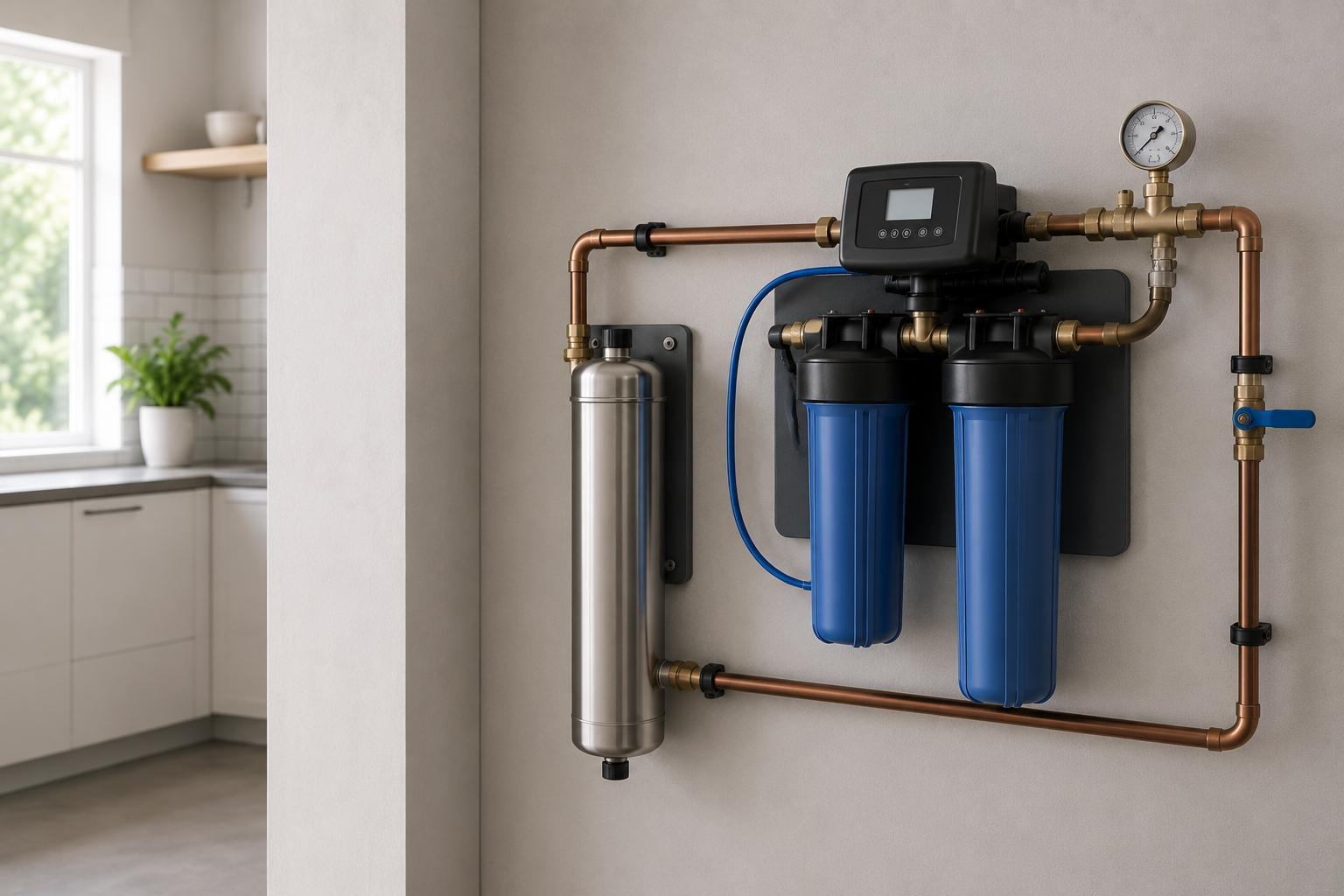 Wall-mounted whole-house filtration equipment with copper piping and a pressure gauge