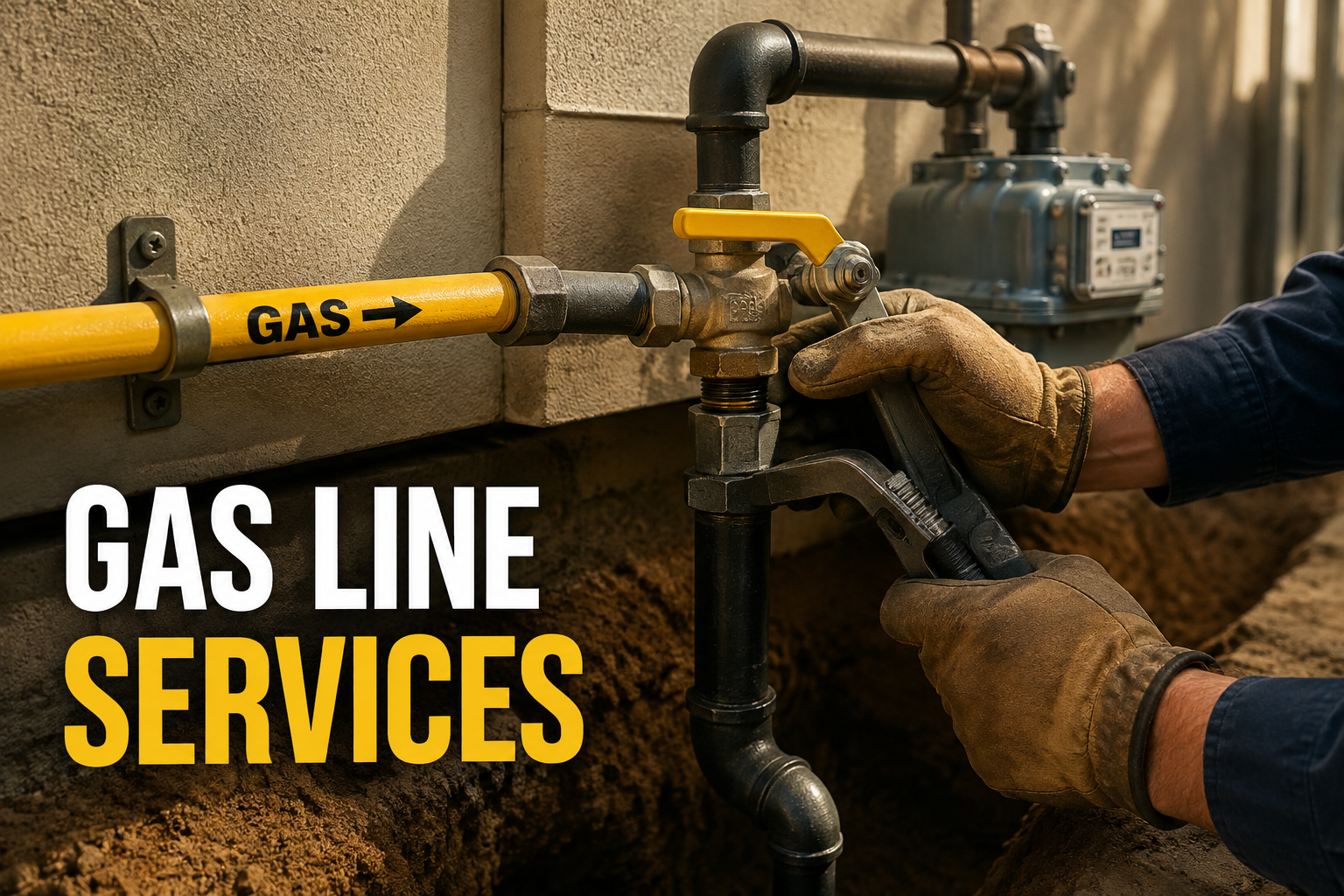 Gas line services graphic: gloved hands working on a yellow gas line at a meter