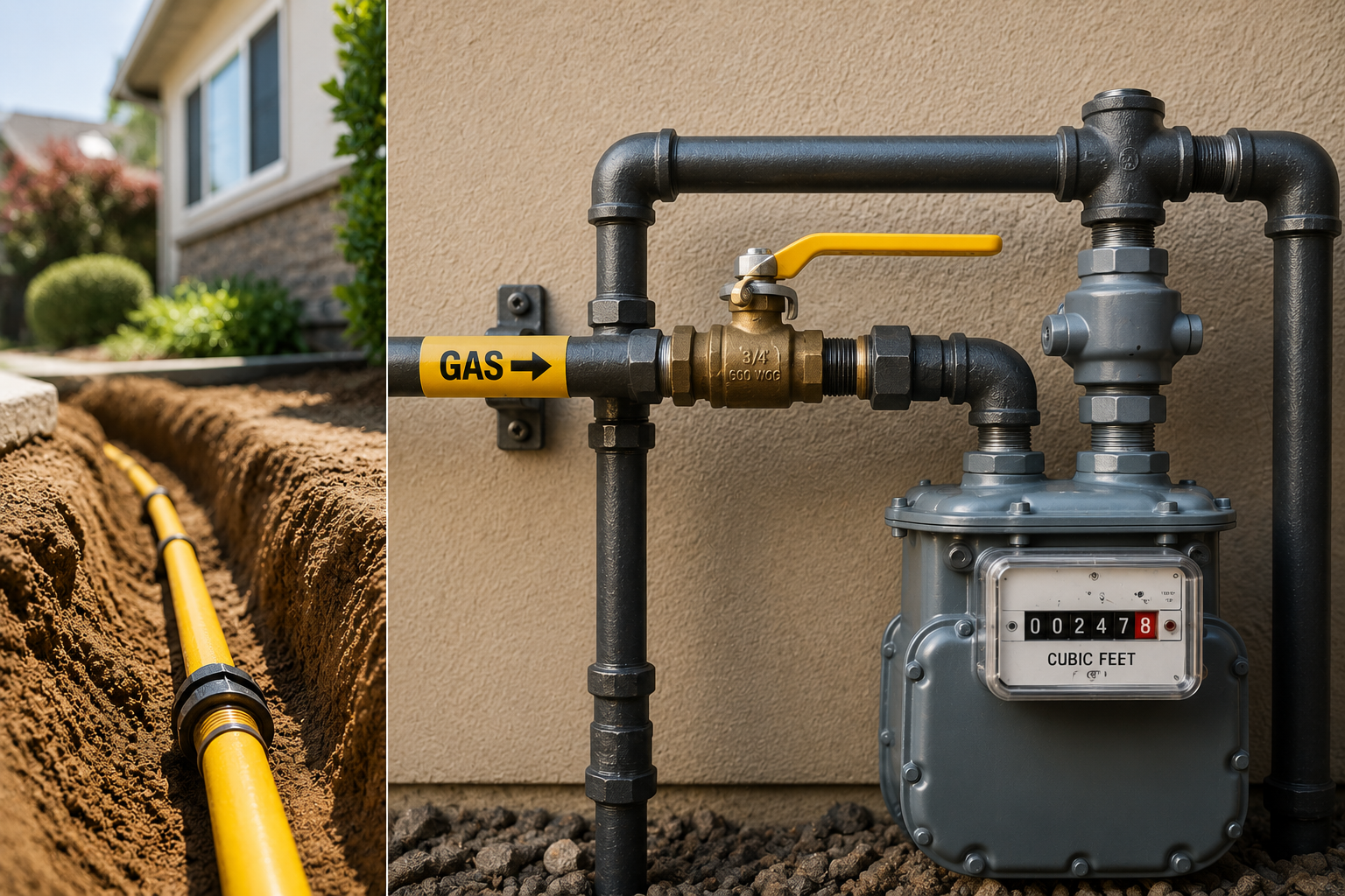 Yellow gas line in a trench and a gas meter with piping at a home