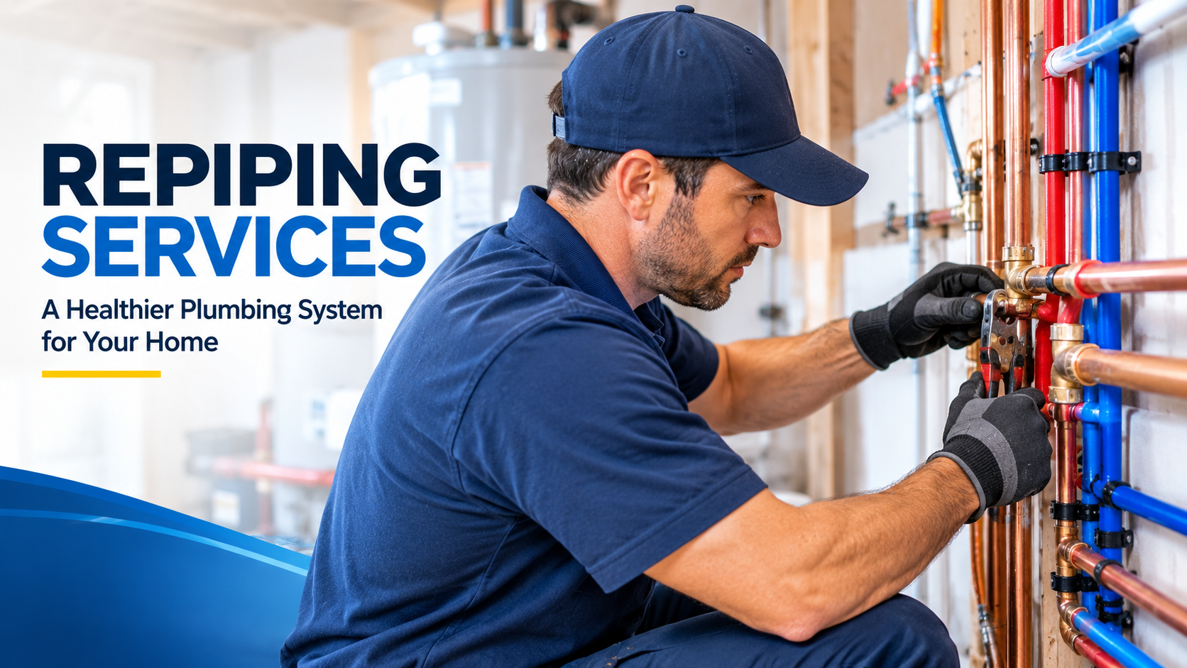 Repiping services graphic: plumber installing red and blue PEX piping at a manifold