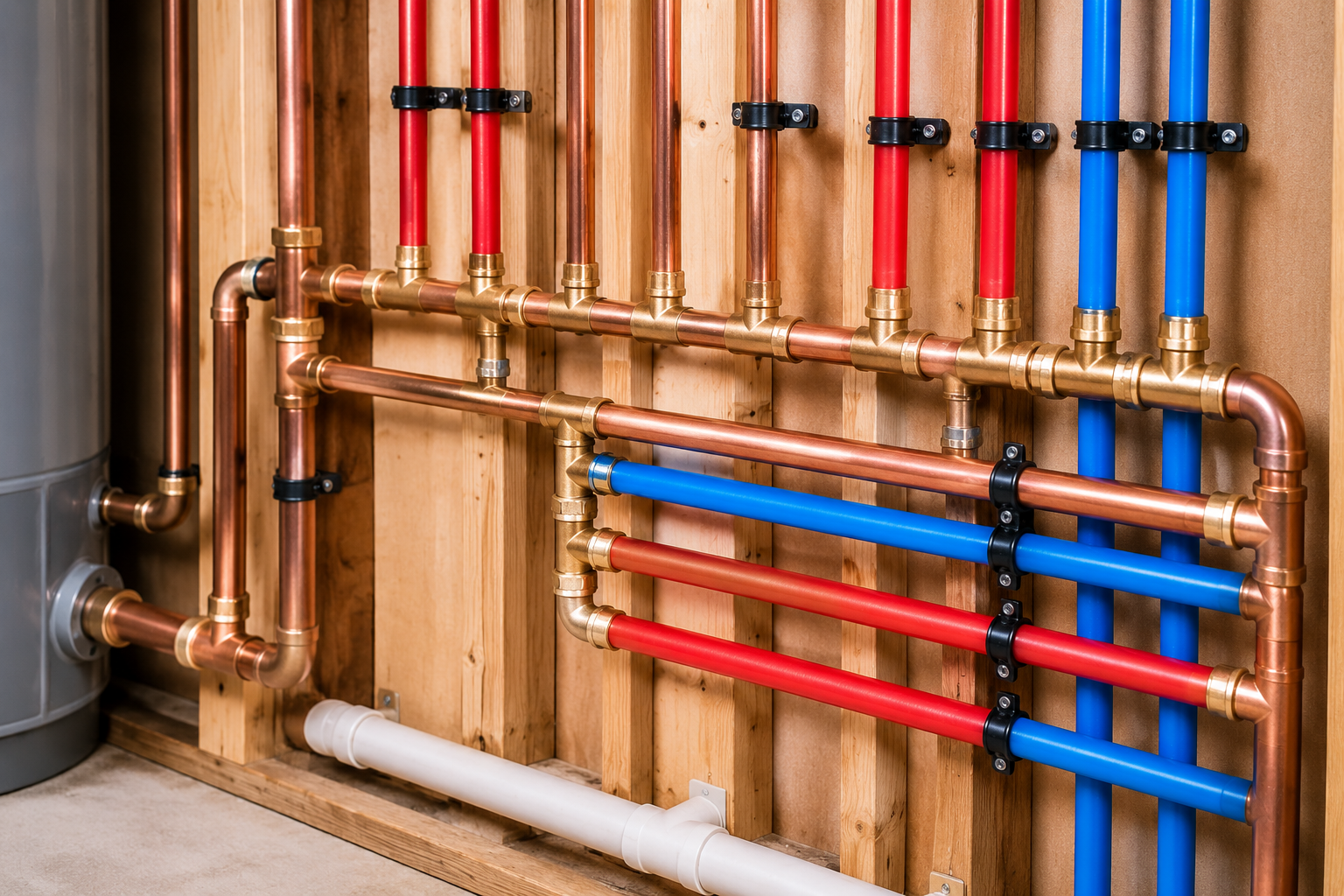 Copper and PEX repiping manifold with red and blue lines on a wall