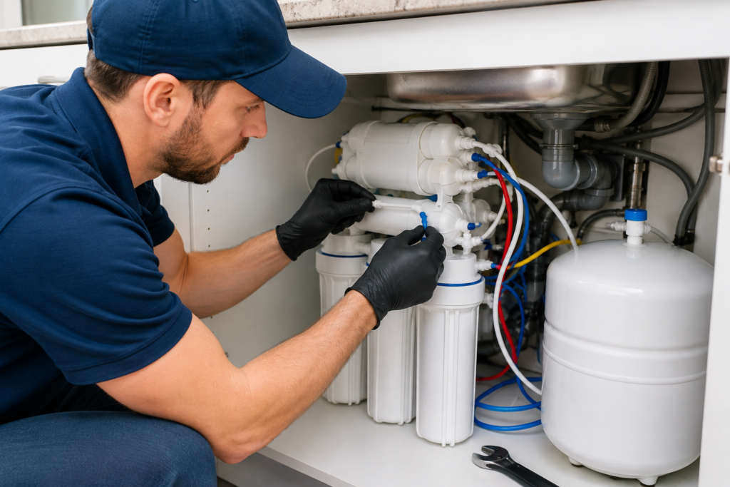 Water Fixers reverse osmosis service inspection for an older system with recurring leaks