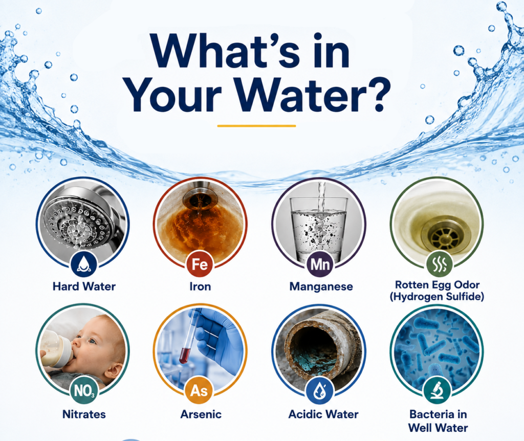 Common water problems including hard water, iron, manganese, hydrogen sulfide odor, nitrates, arsenic, acidic water, and bacteria in well water