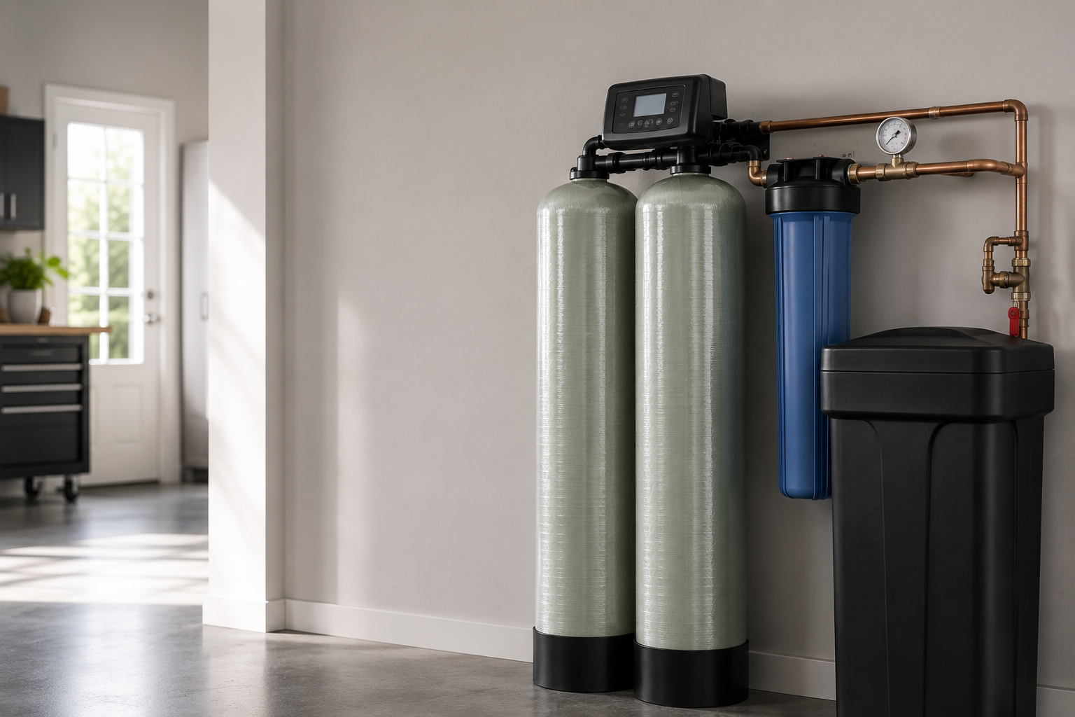 Whole-house water filtration setup with twin media tanks, filter housing, and brine tank