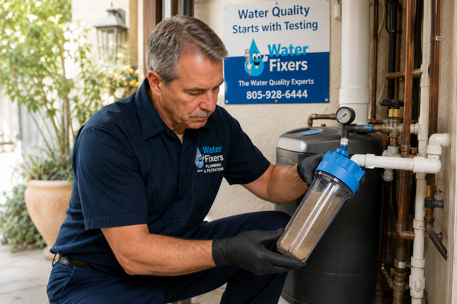 Water Fixers technician inspecting sediment in a water filter in Arroyo Grande, CA