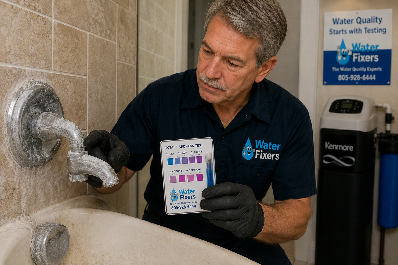 Water Fixers technician inspecting hard water scale on a fixture in Arroyo Grande, CA