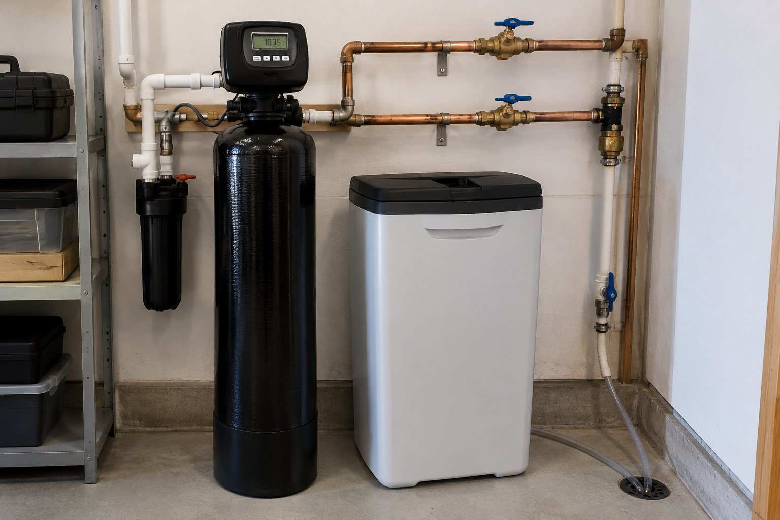 Professional water softener installation with bypass valves and clean plumbing