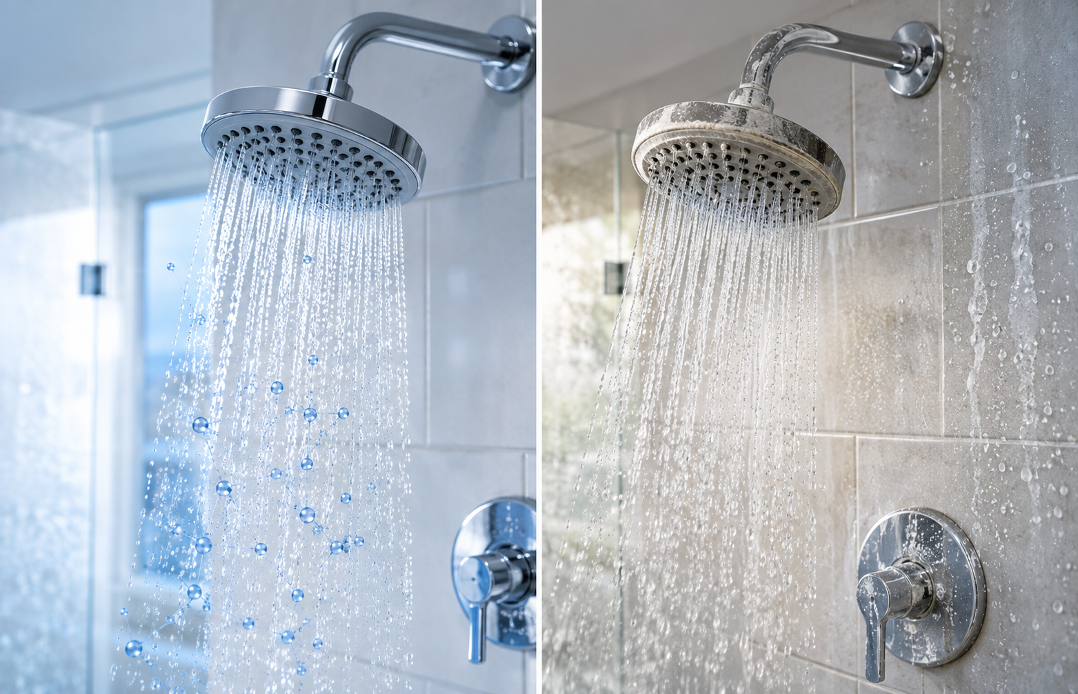 Comparison of clear chlorinated water and visible hard-water mineral scale