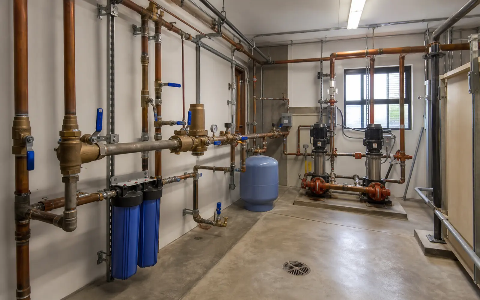 Commercial plumbing and water equipment inside a mechanical room