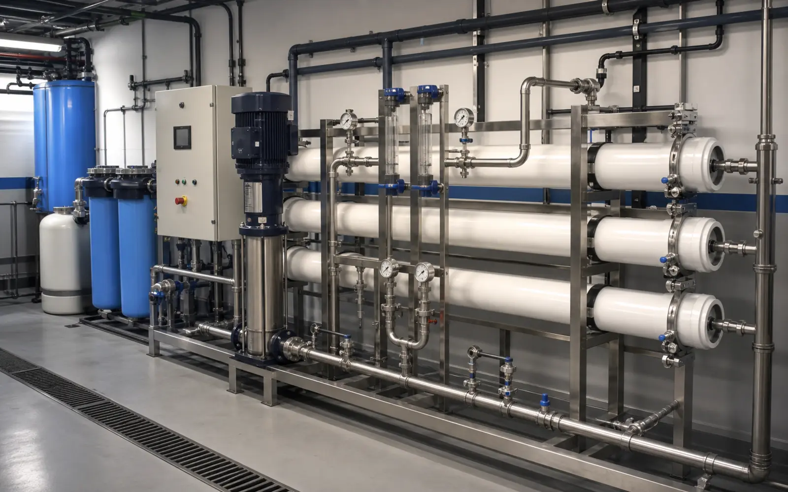 Commercial reverse osmosis system with membrane housings pumps and gauges