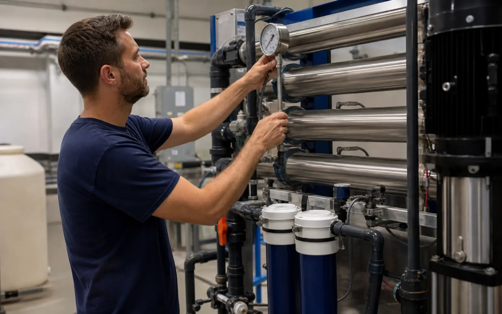 Technician performing maintenance on a commercial reverse osmosis system