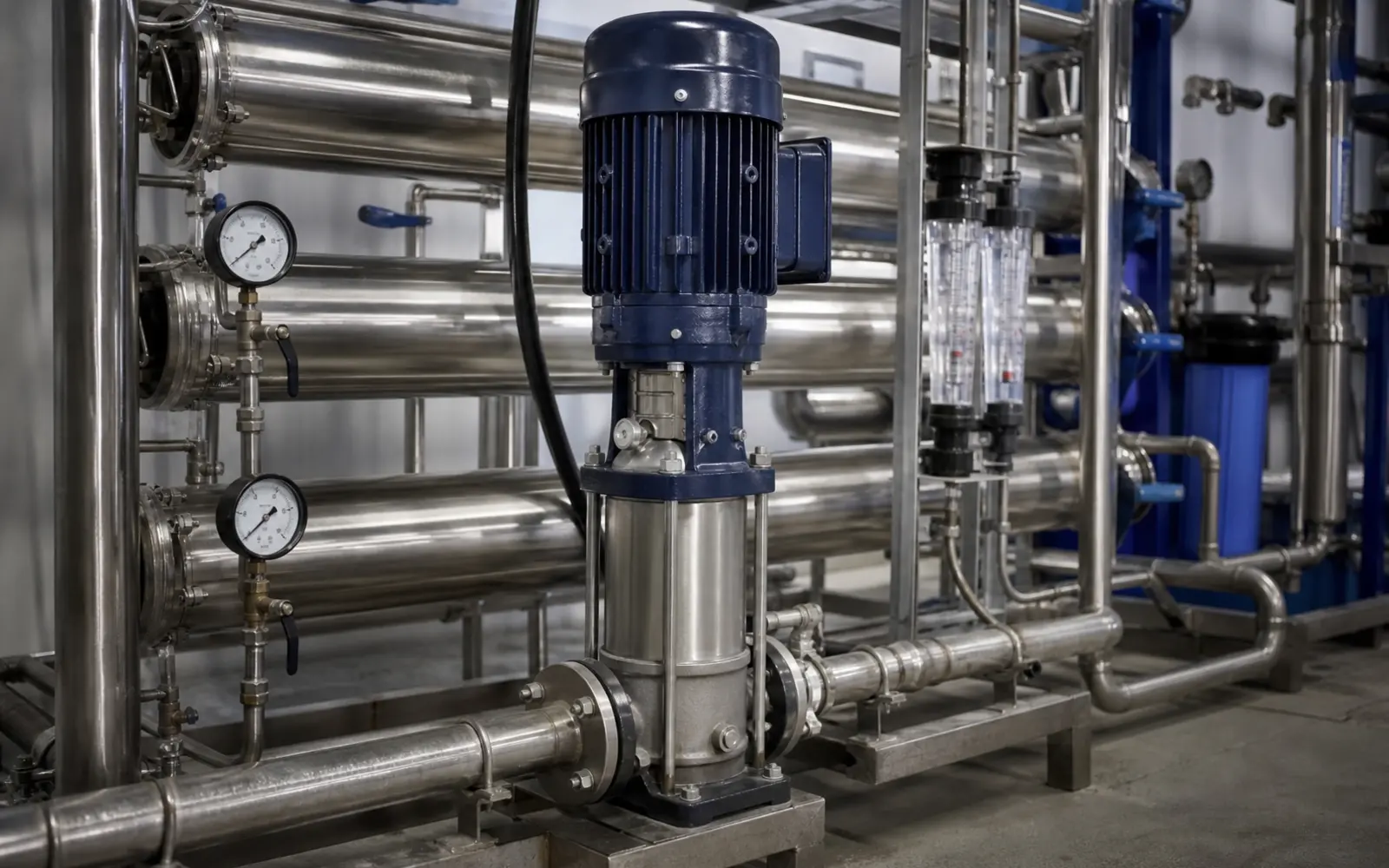 Commercial reverse osmosis membrane housings pumps and pressure gauges