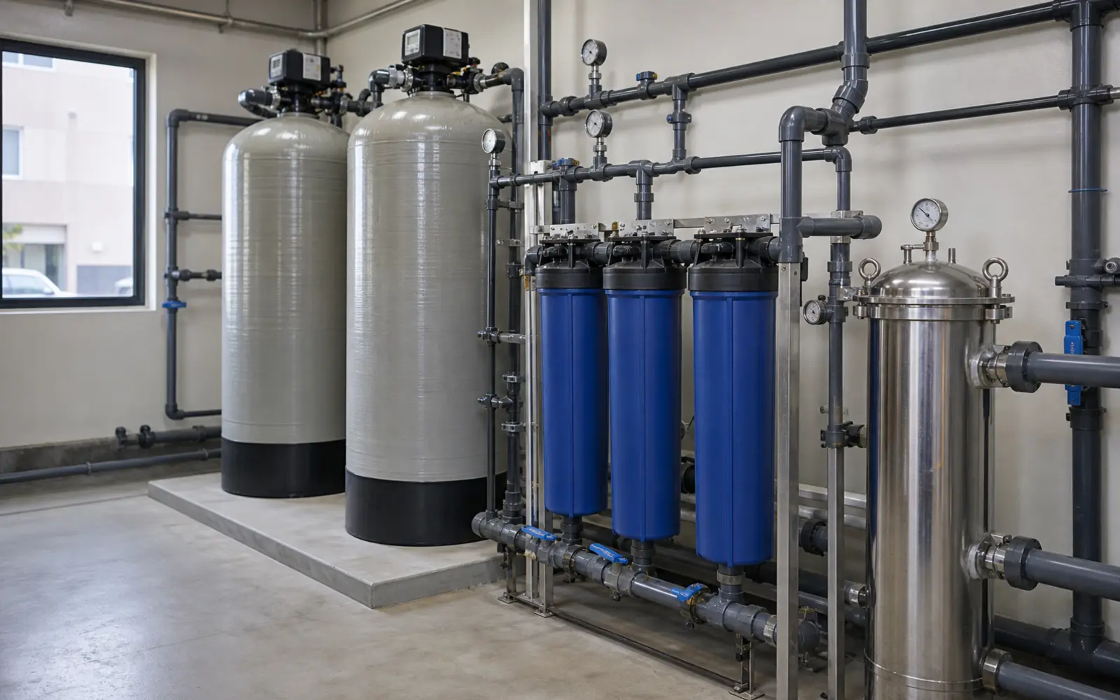 Commercial water filtration equipment with media tanks and filter housings