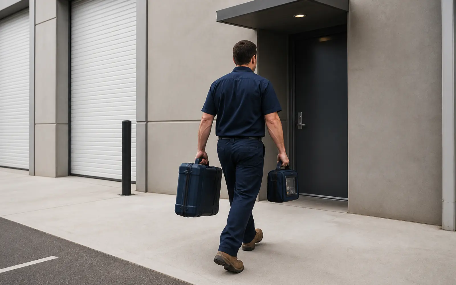 Water treatment and plumbing technician arriving for commercial service