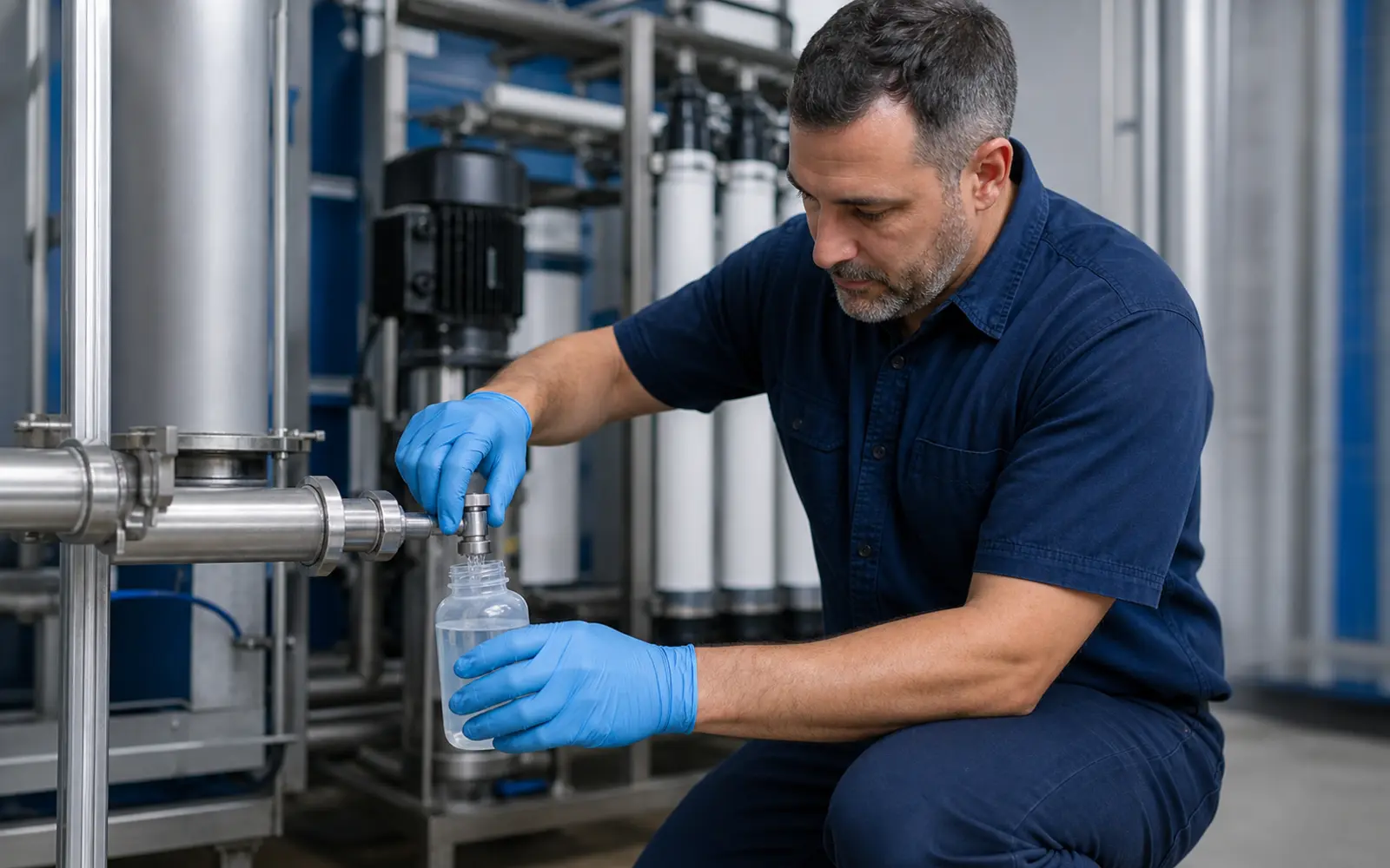 Technician collecting a commercial water sample for water quality testing