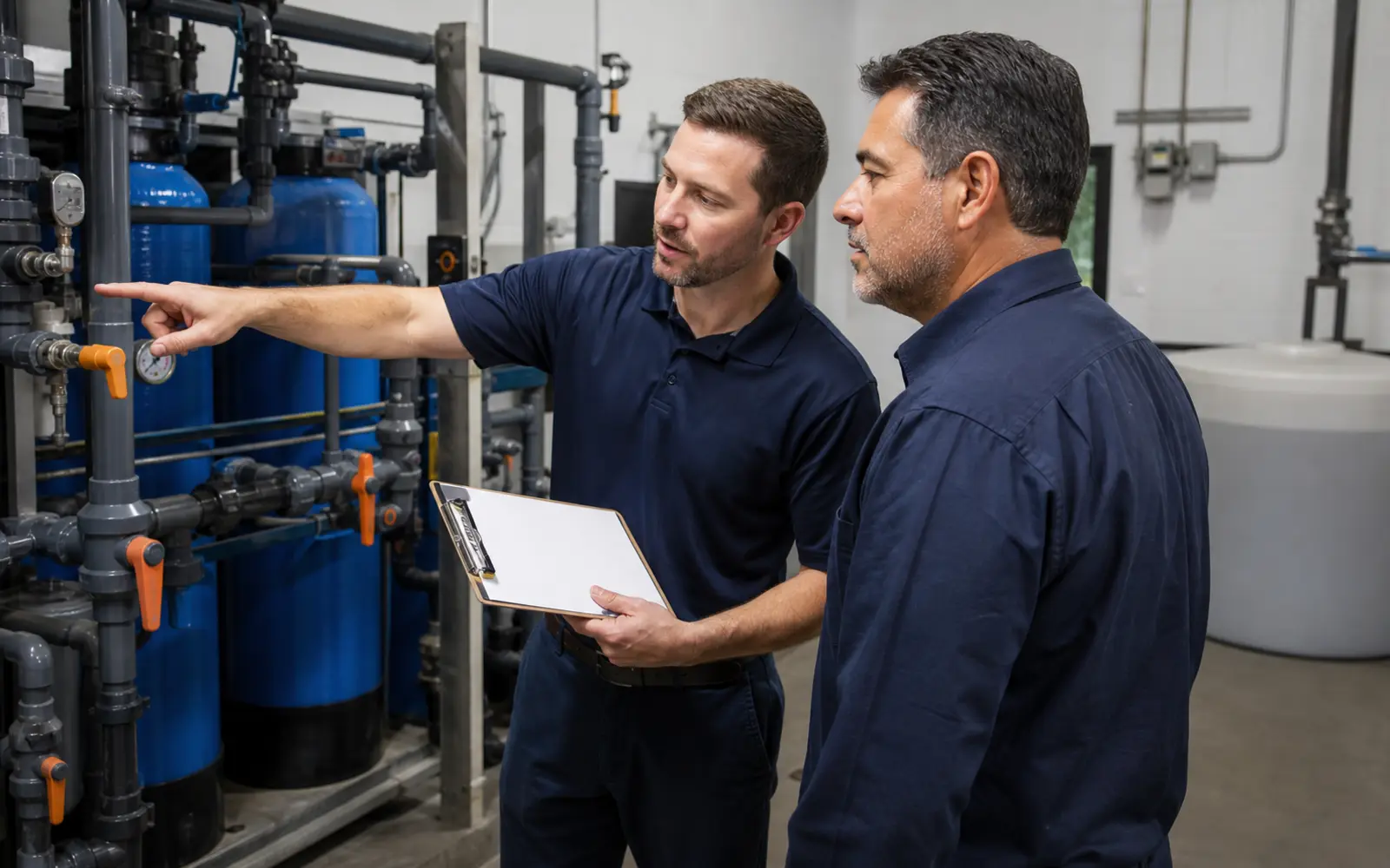 Water treatment technician reviewing a commercial water system with a facility manager