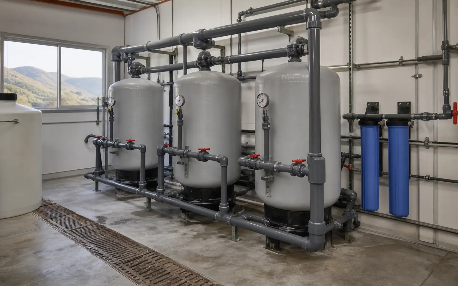 Commercial water treatment system with filtration tanks and plumbing