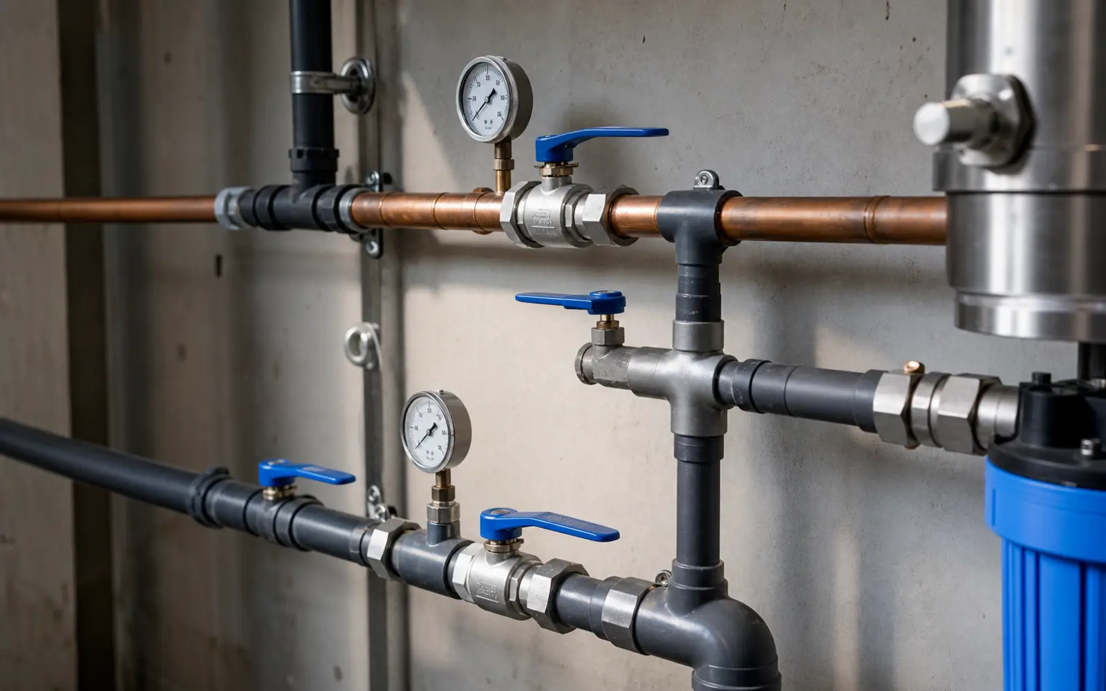 Professional commercial water treatment plumbing valves and equipment connections