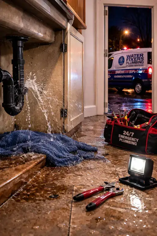 Emergency plumbing repair tools and equipment in a flooded room