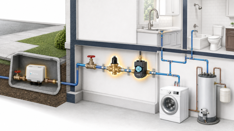 Residential plumbing diagram showing Flume monitoring, a PRV and Moen Flo smart water protection