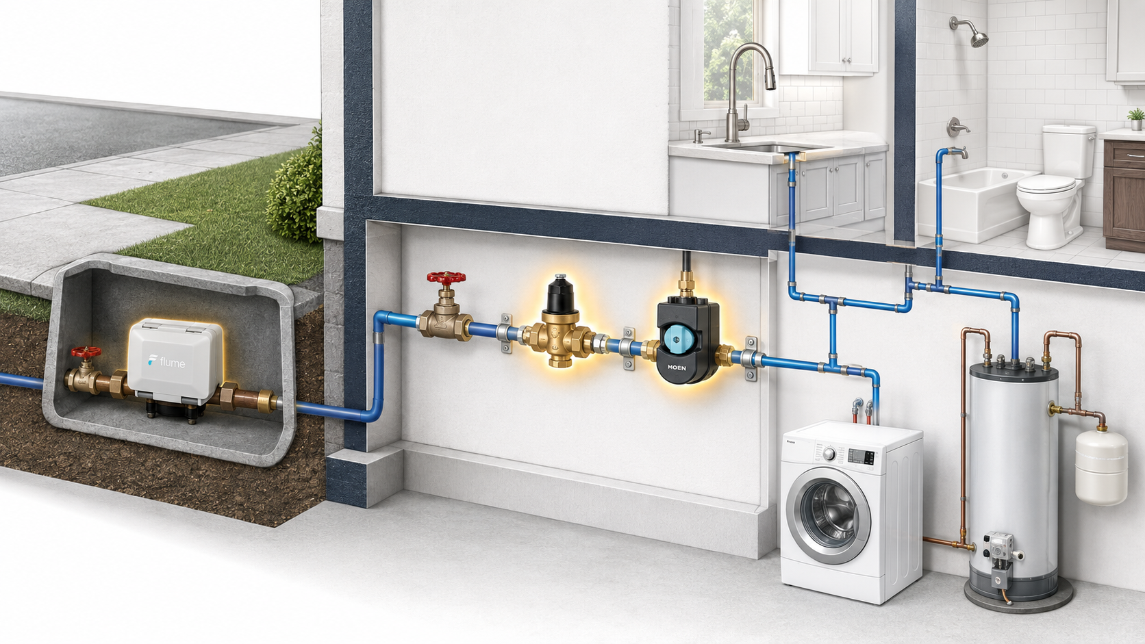 Residential plumbing diagram showing Flume monitoring, a PRV and Moen Flo smart water protection