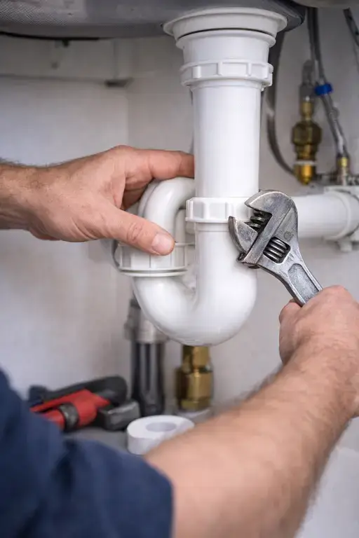 Plumber repairing a drain pipe beneath a sink