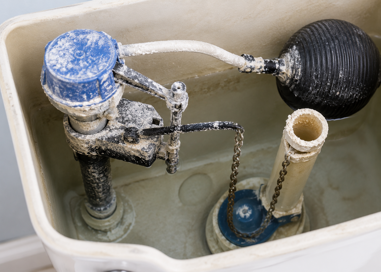 Mineral scale buildup on components inside a residential toilet tank