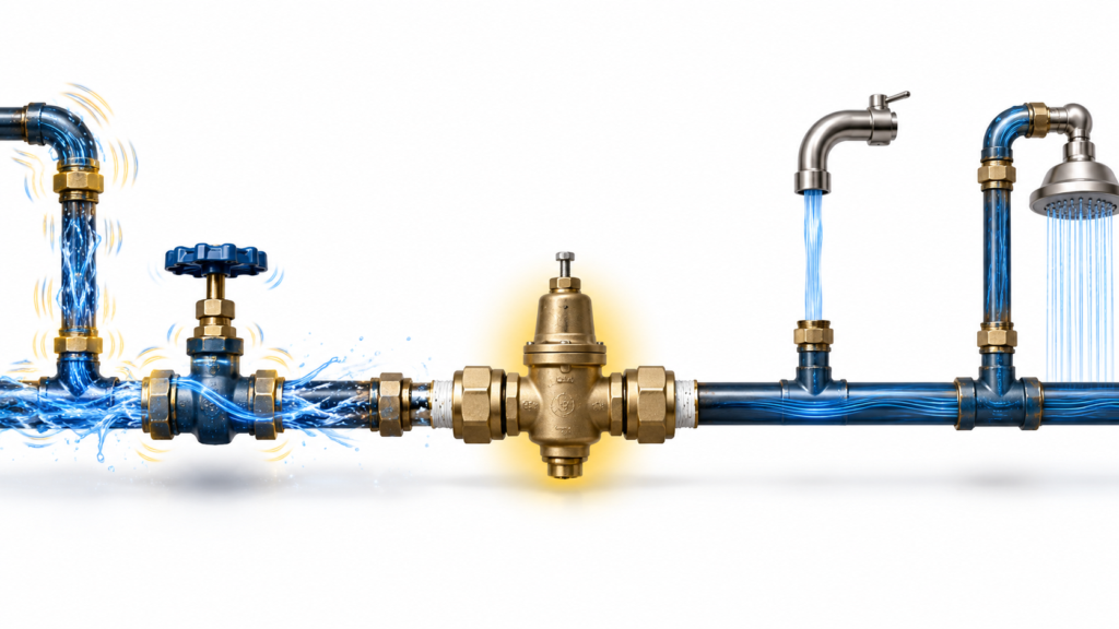 Diagram showing high incoming water pressure reduced by a PRV before entering household plumbing