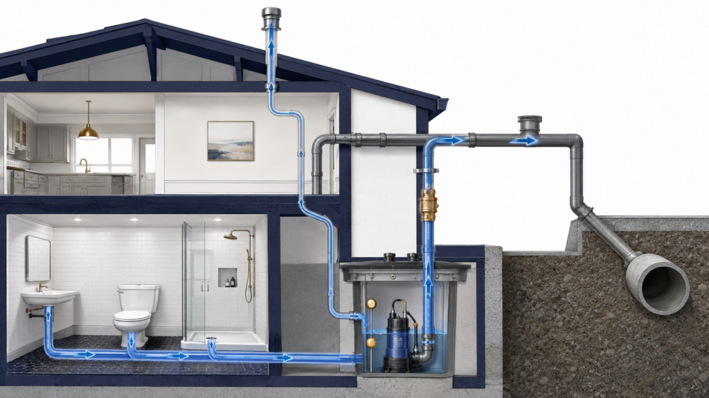 Diagram showing how a sewage ejector pump moves wastewater from lower-level fixtures to the building sewer