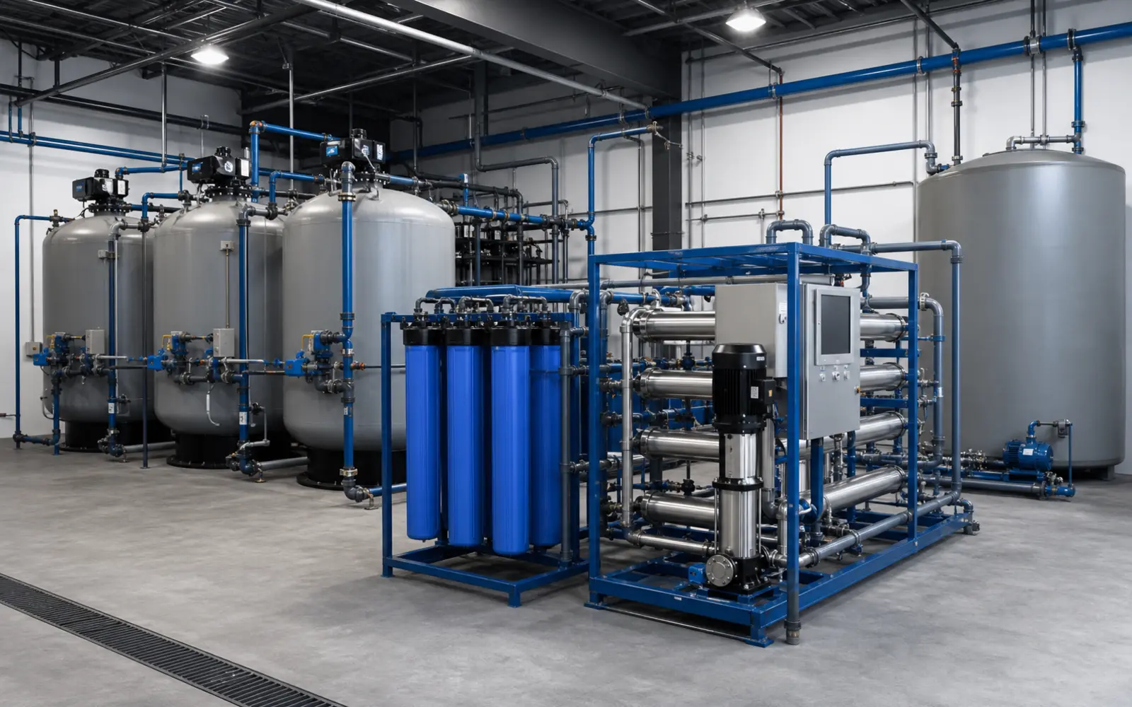Industrial water treatment system with filtration tanks pumps and treatment equipment
