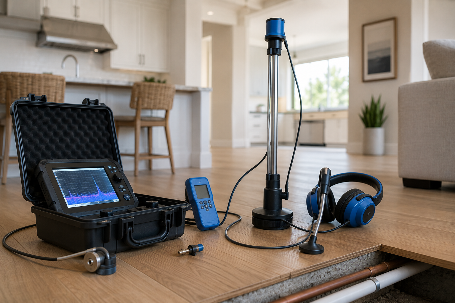 Acoustic leak detection equipment set up inside a home to locate a hidden plumbing leak
