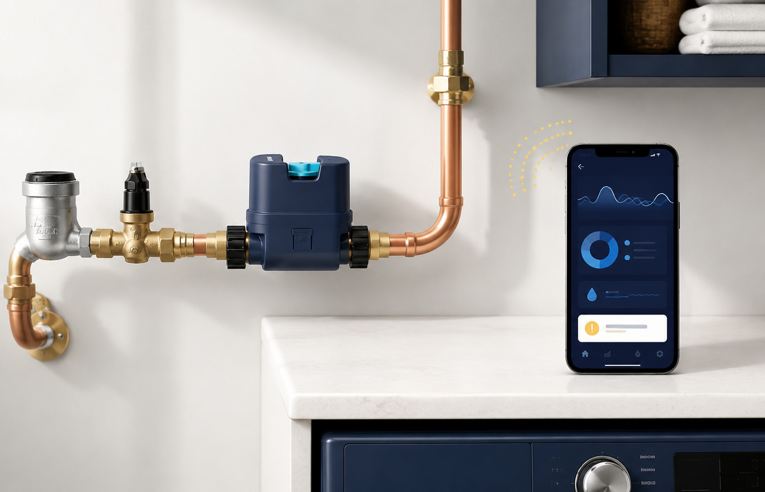 Moen Flo smart water shutoff on a main water line with household water use shown in the mobile app